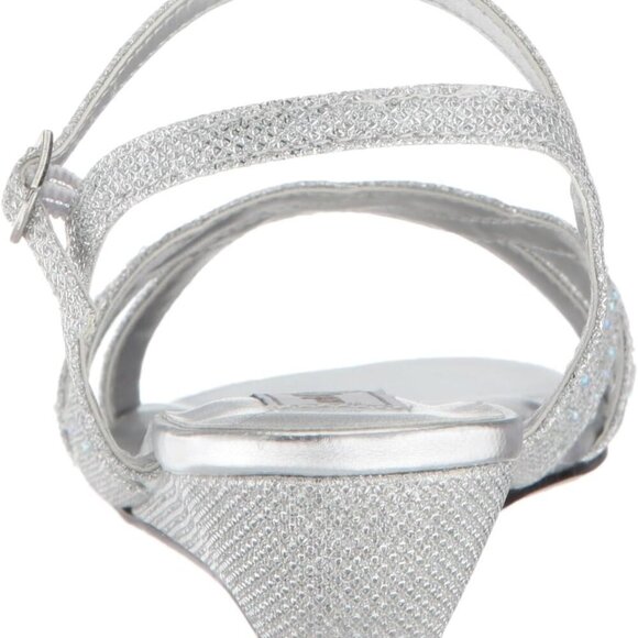 Women's Wedge Sandal Silver Faux Leather 1-Inch Heel Jeweled Buckle Support - Picture 3 of 8